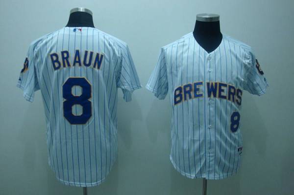 Brewers #8 Ryan Braun Stitched White Blue Strip MLB Jersey - Click Image to Close